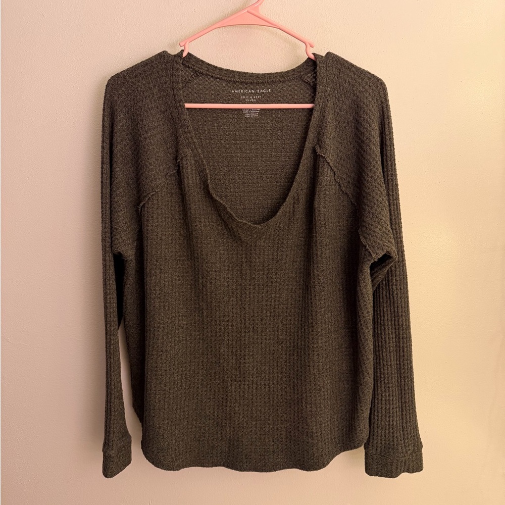 American Eagle Olive Green Waffle-Knit V-Neck Top